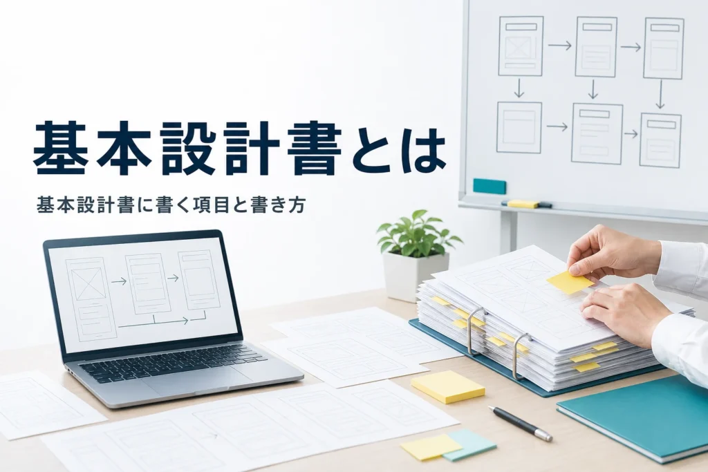基本設計書に書く項目と書き方を解説する記事のアイキャッチ。画面の下書きと設計書が並ぶ机