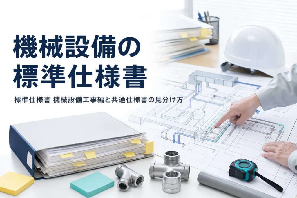 機械設備の標準仕様書として公共建築工事標準仕様書の機械設備工事編と共通仕様書の見分け方を紹介する記事のアイキャッチ