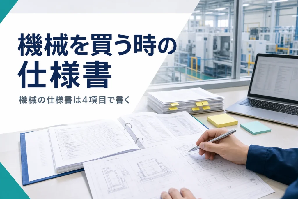 機械や設備を買う時の購入仕様書の書き方を紹介する記事のアイキャッチ。工場の机に広げた仕様書と図面