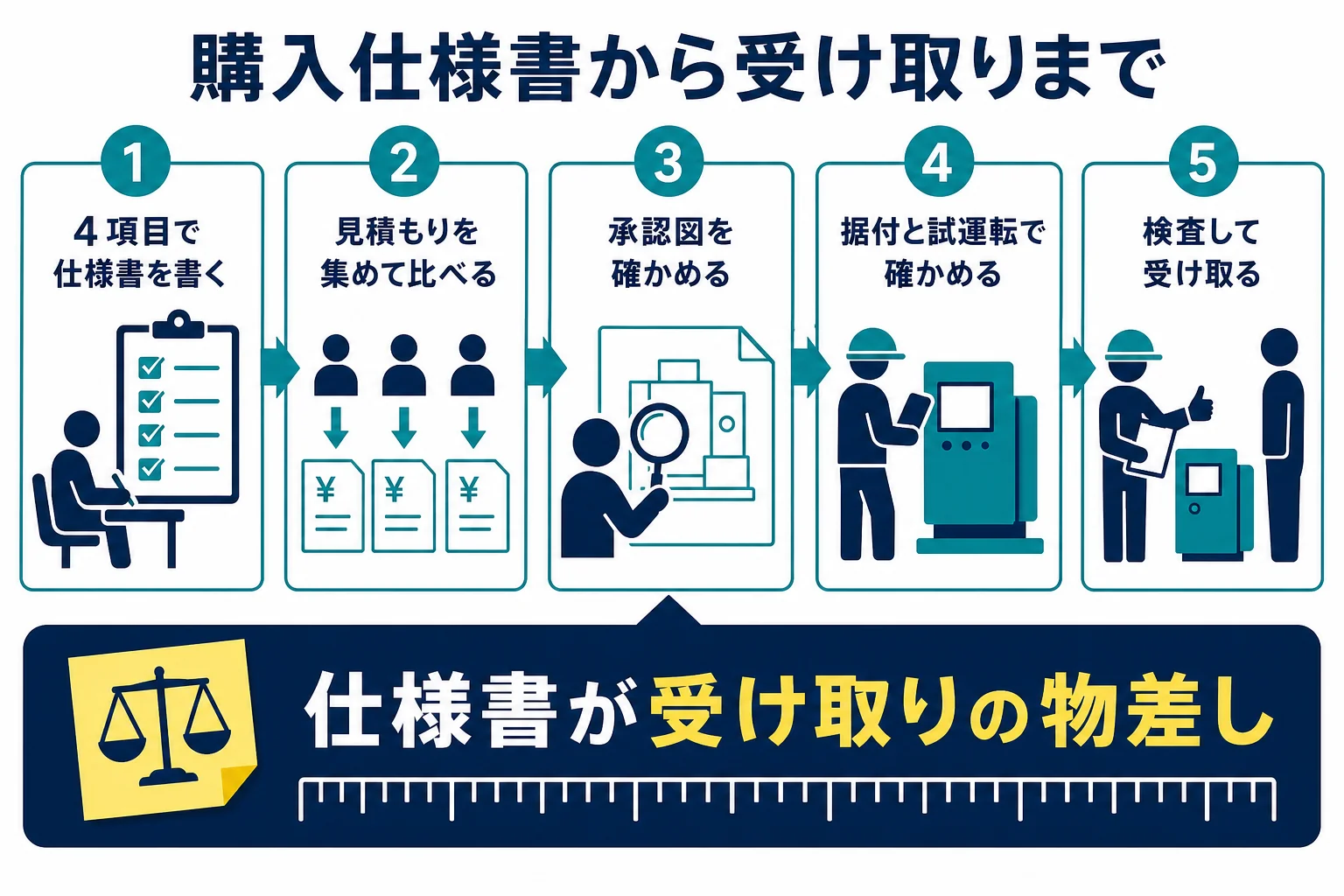 機械の購入仕様書を書いてから受け取りまでの流れを示した図解