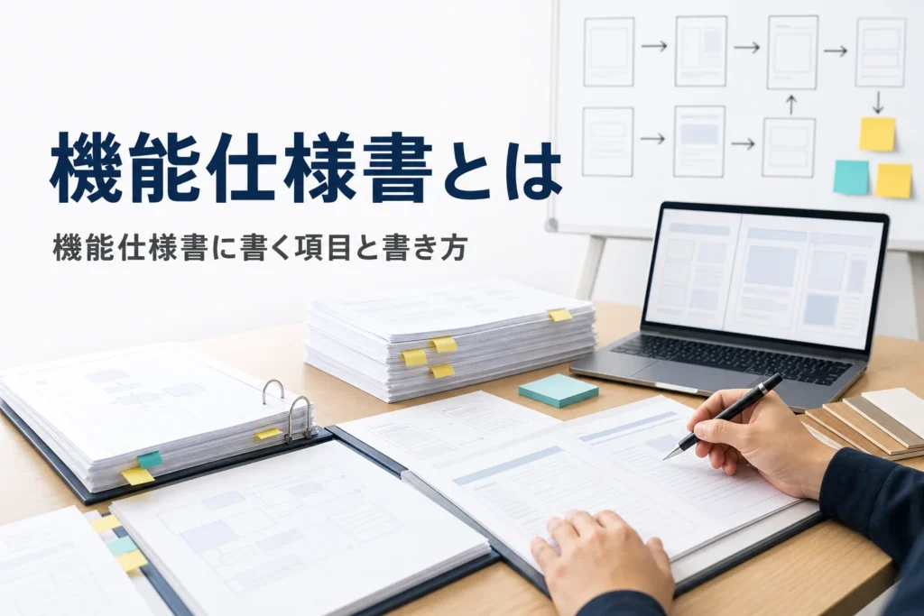 機能仕様書とは何か、書く項目と書き方を紹介する記事のアイキャッチ。オフィスの机の仕様書とノートPC