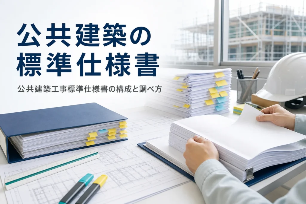 公共建築工事標準仕様書の構成と調べ方を紹介する記事のアイキャッチ。現場事務所の机の図面と仕様書