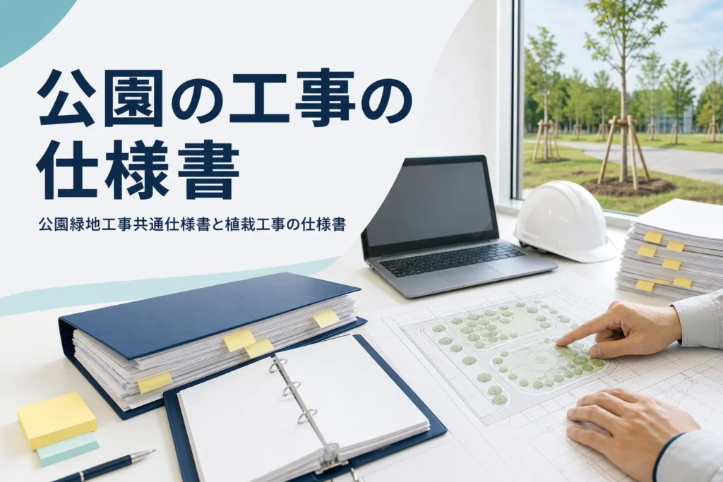 公園緑地工事共通仕様書と植栽工事の仕様書を紹介する記事のアイキャッチ。現場事務所の机の配置図と仕様書