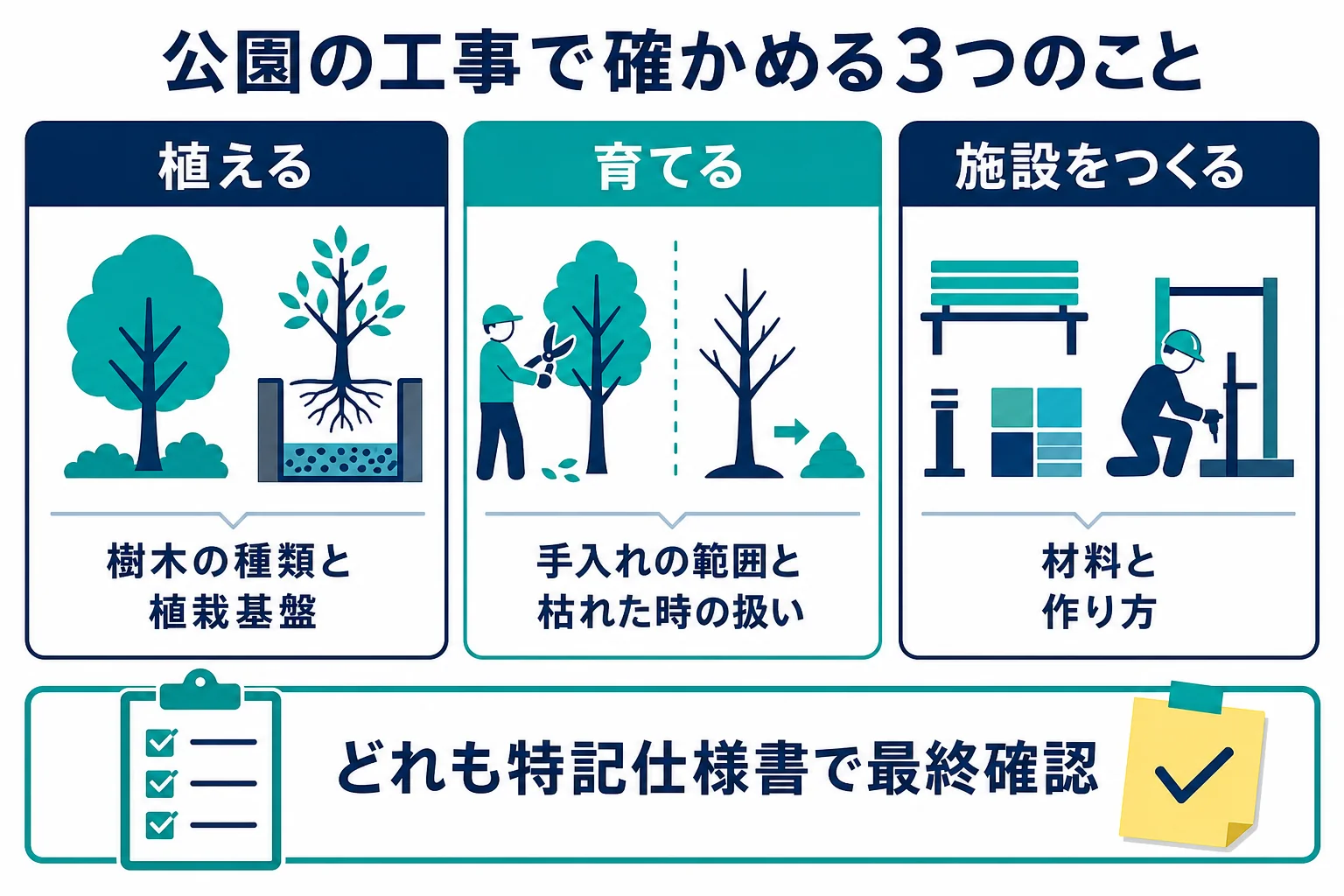 公園緑地の工事で仕様書から確かめることを、植える・育てる・施設をつくるの3つに分けた整理図