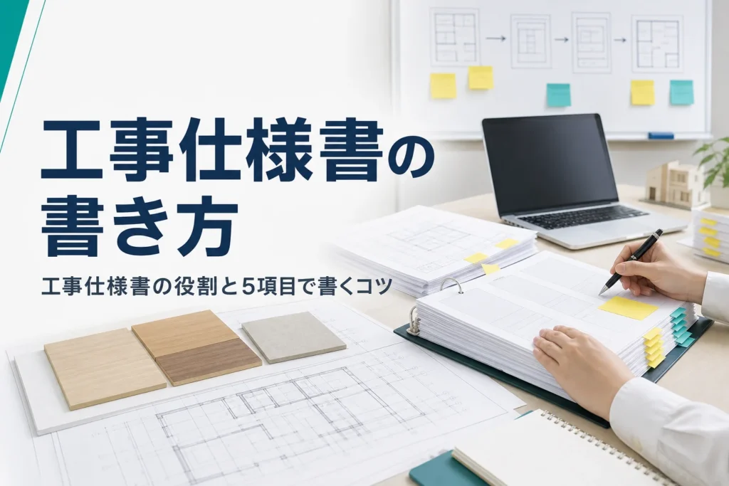 工事仕様書とは何か、書き方とテンプレートの使い方を紹介する記事のアイキャッチ。打合せテーブルの図面と仕様書