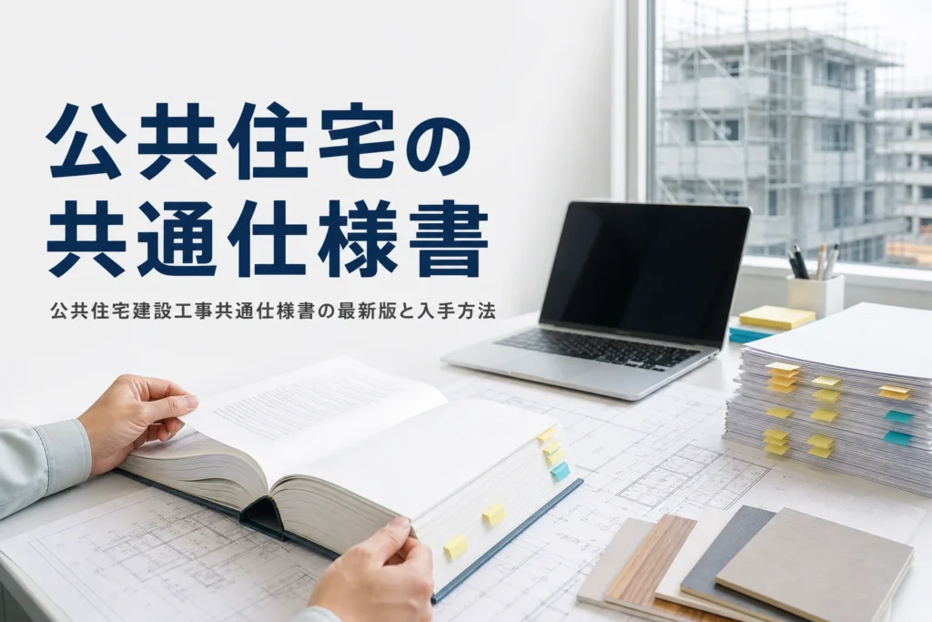 公共住宅建設工事共通仕様書の最新版と入手方法を紹介する記事のアイキャッチ。現場事務所の机の仕様書と図面