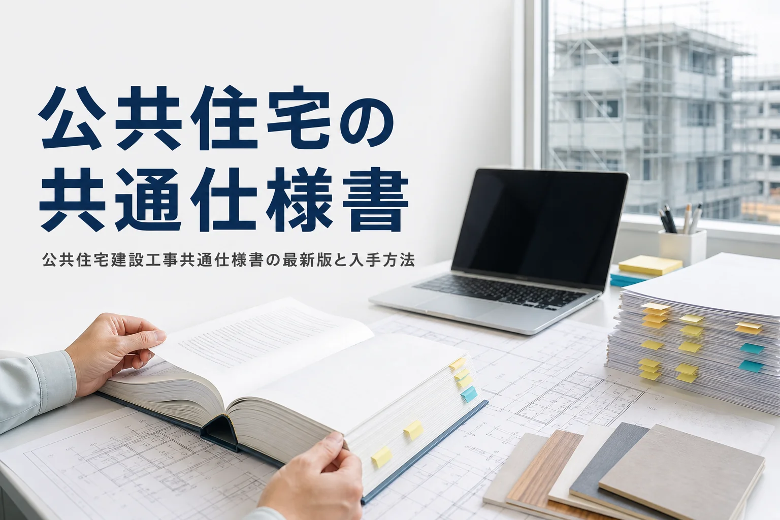 公共住宅建設工事共通仕様書の最新版と入手方法を紹介する記事のアイキャッチ。現場事務所の机の仕様書と図面