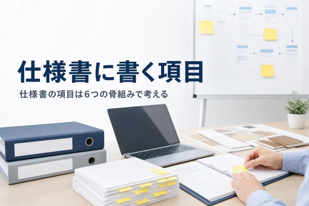仕様書に書く項目と目次・表紙の作り方を紹介する記事のアイキャッチ。付箋を貼った書類とバインダー