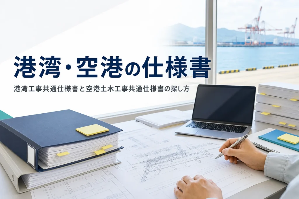 港湾工事共通仕様書と空港土木工事共通仕様書の探し方を紹介する記事のアイキャッチ。港の現場事務所の机と仕様書