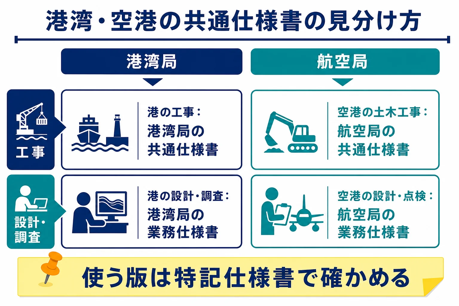 港湾と空港の共通仕様書を、出している部署・対象の工事・探す場所の3つで並べた一覧図