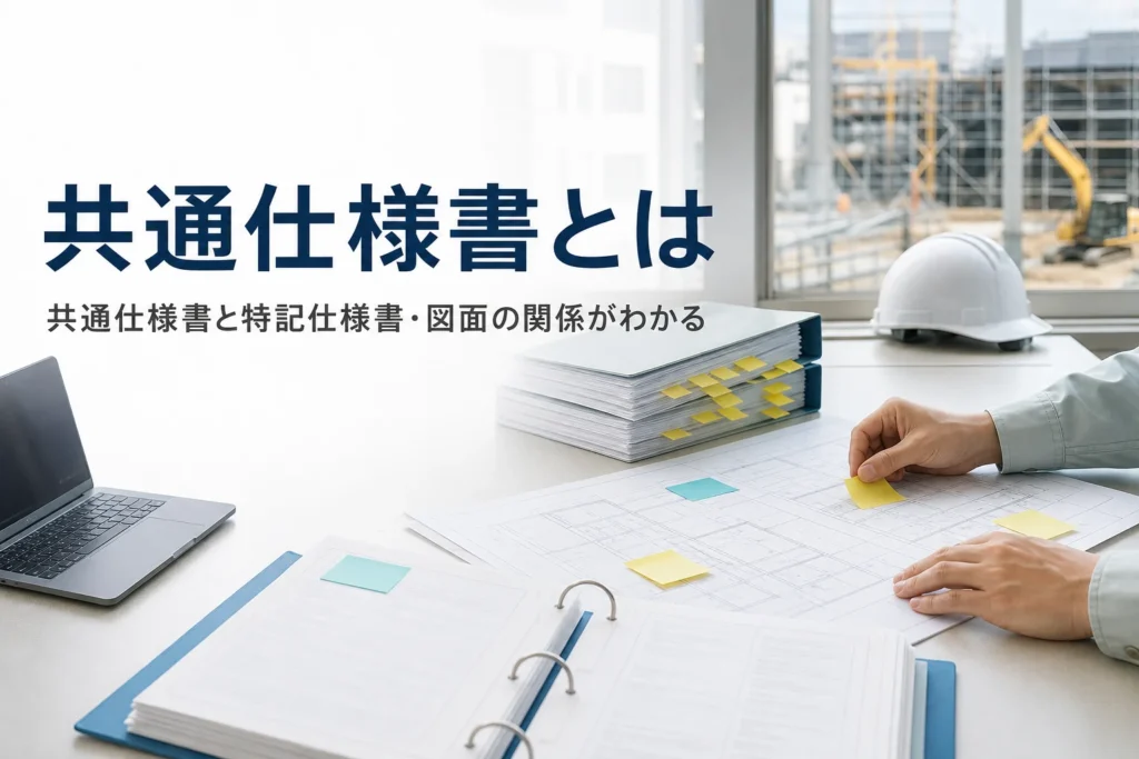 共通仕様書の意味と特記仕様書・図面との関係を紹介する記事のアイキャッチ。現場事務所の机で仕様書と図面を確かめる手元