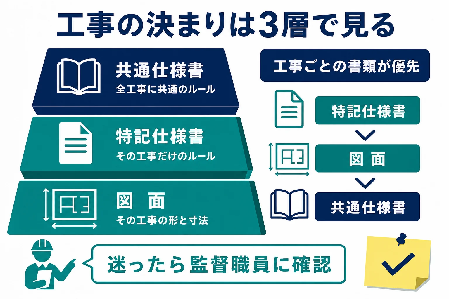 共通仕様書・特記仕様書・図面を全工事に共通のルール、その工事だけのルール、形と寸法の3層で示した図解