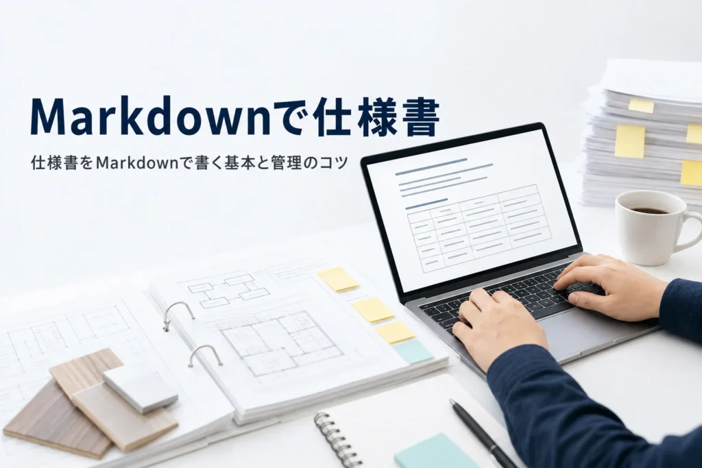 仕様書や設計書をMarkdownで書く方法を紹介する記事のアイキャッチ。ノートPCに映るテキストの設計書
