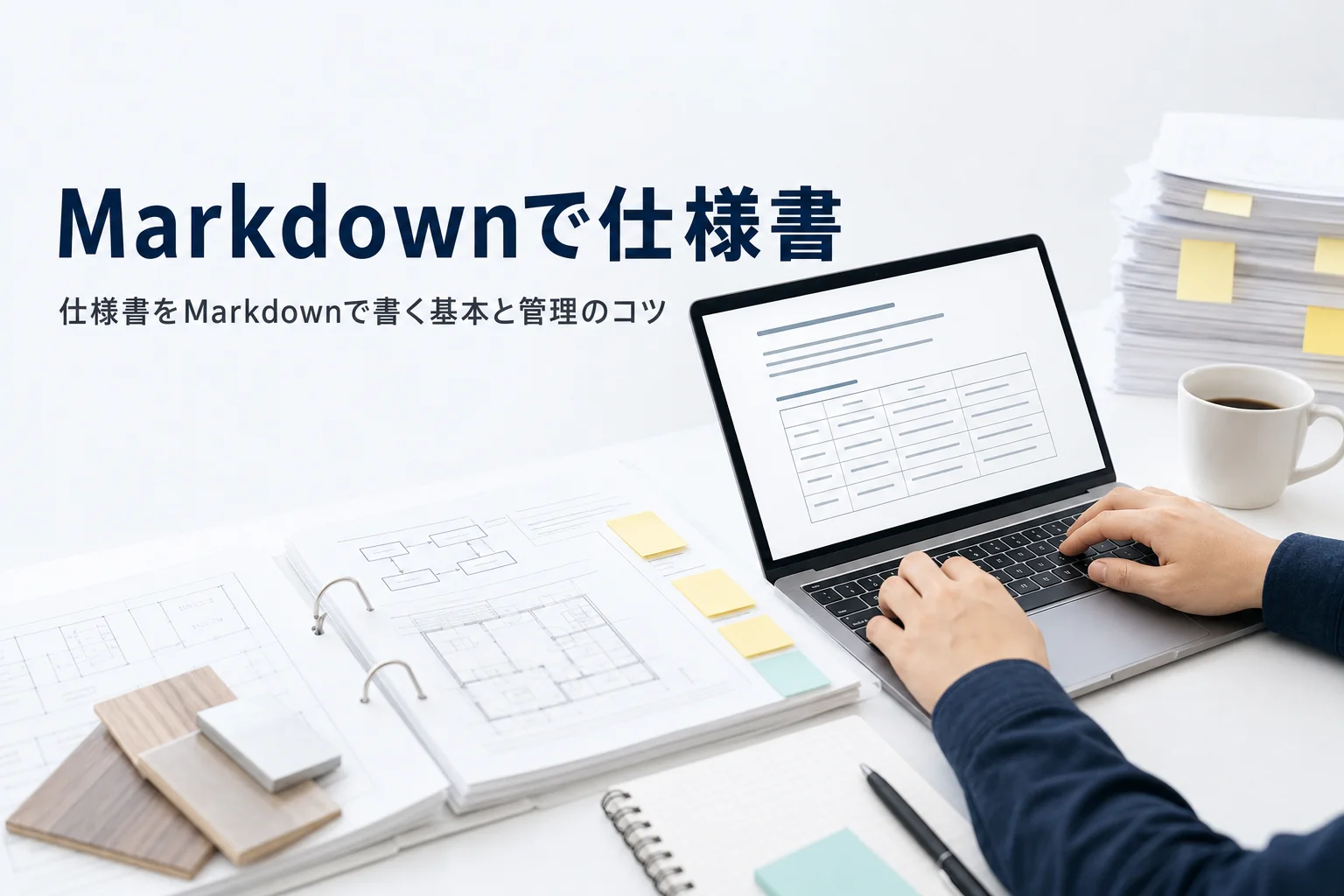 仕様書や設計書をMarkdownで書く方法を紹介する記事のアイキャッチ。ノートPCに映るテキストの設計書