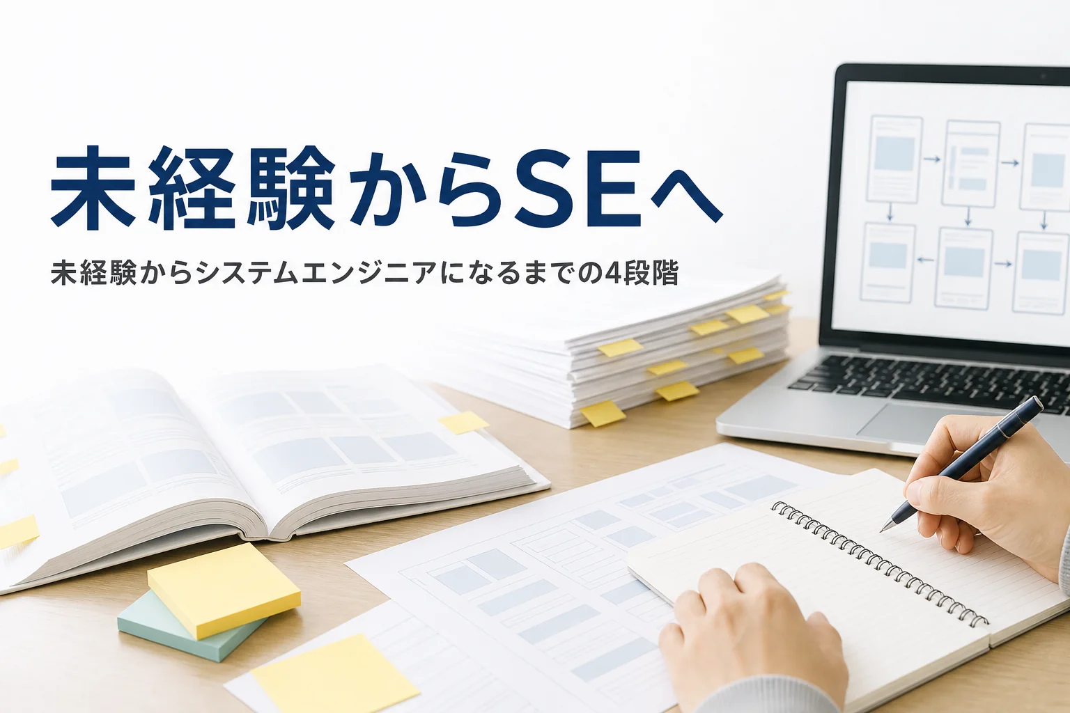 未経験からシステムエンジニアを目指す記事のアイキャッチ。机にノートPCと入門書、仕様書のプリントが並ぶ
