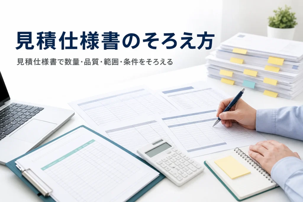 見積仕様書の書き方と見積書との違いを紹介する記事のアイキャッチ。机に並べた見積書と仕様書