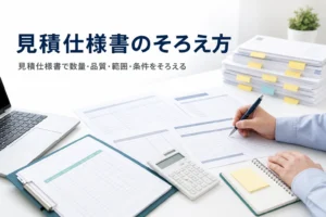 見積仕様書の書き方と見積書との違いを紹介する記事のアイキャッチ。机に並べた見積書と仕様書