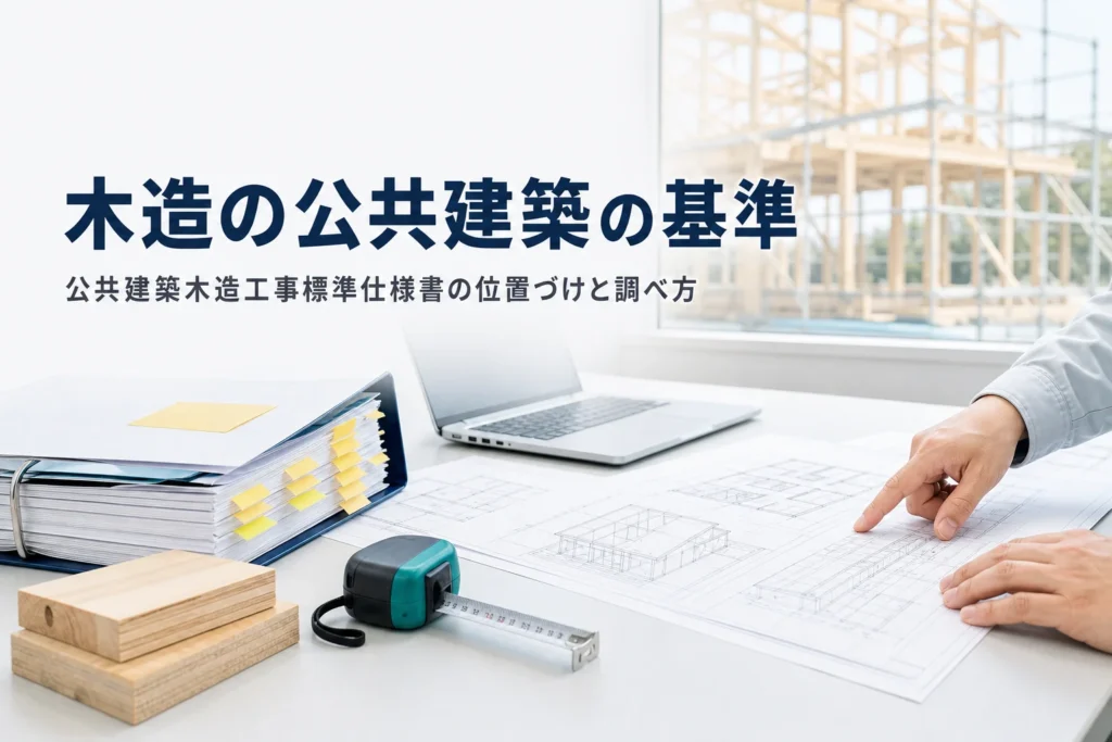 公共建築木造工事標準仕様書の位置づけと調べ方を紹介する記事のアイキャッチ。図面と仕様書のバインダー、木材のサンプル