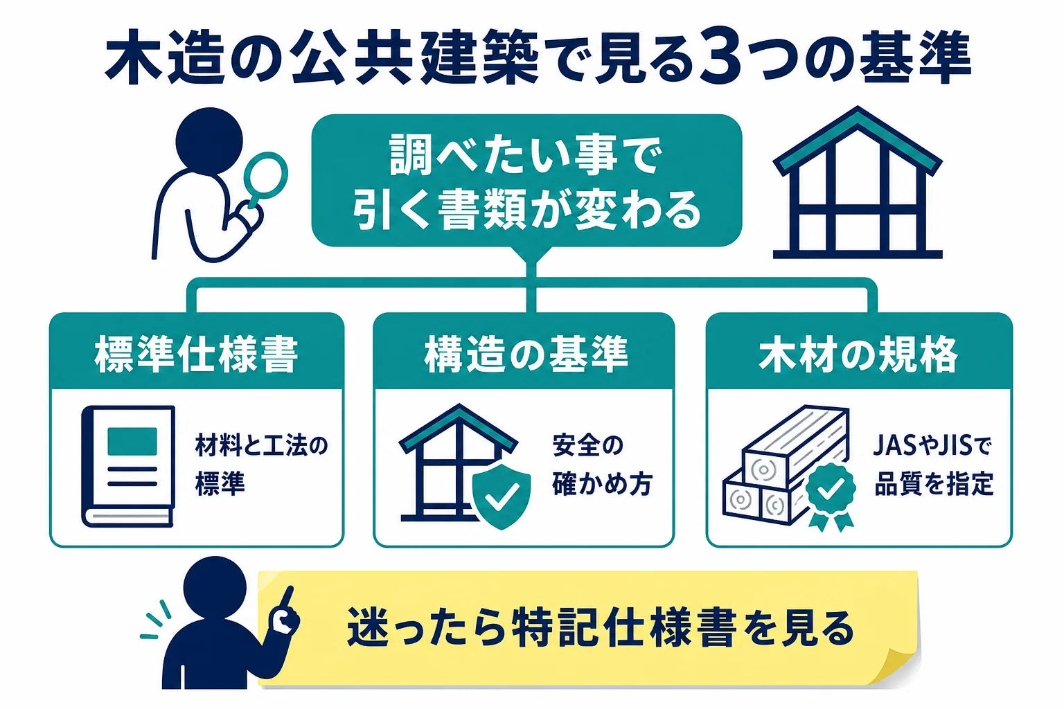 木造の公共建築で見る基準を、標準仕様書・構造の基準・木材の規格の3つに分けた整理図