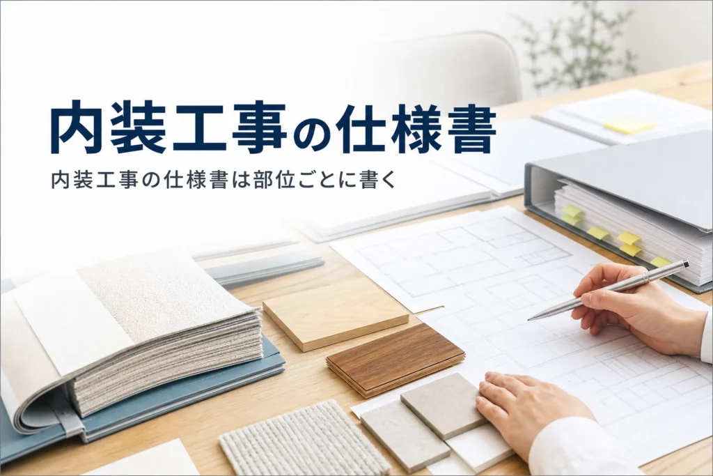 内装工事の仕様書の書き方を紹介する記事のアイキャッチ。打合せテーブルの仕様書と内装材のサンプル