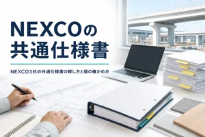 NEXCO東日本・中日本・西日本の共通仕様書の探し方を紹介する記事のアイキャッチ。工事事務所の机の仕様書と図面