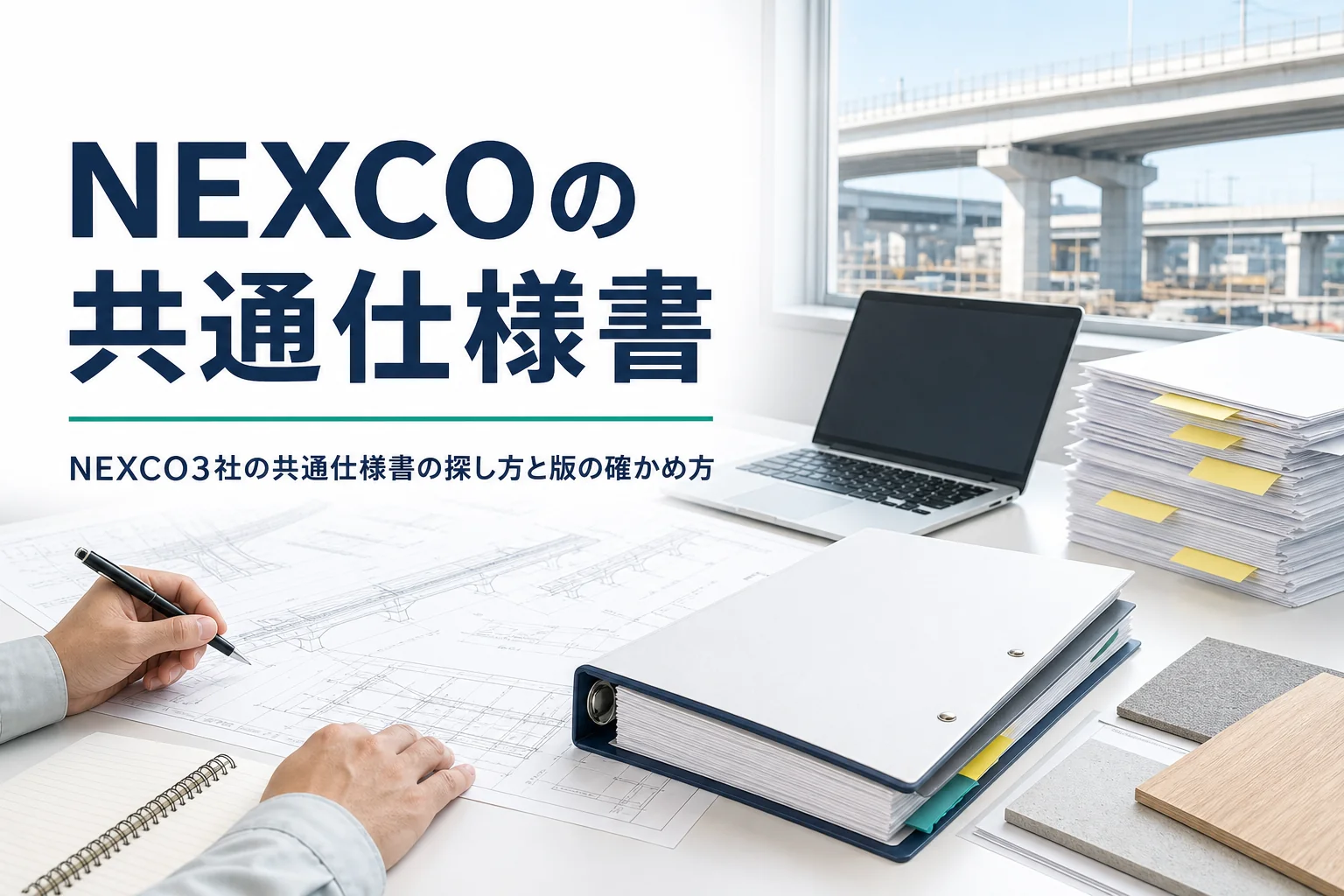 NEXCO東日本・中日本・西日本の共通仕様書の探し方を紹介する記事のアイキャッチ。工事事務所の机の仕様書と図面