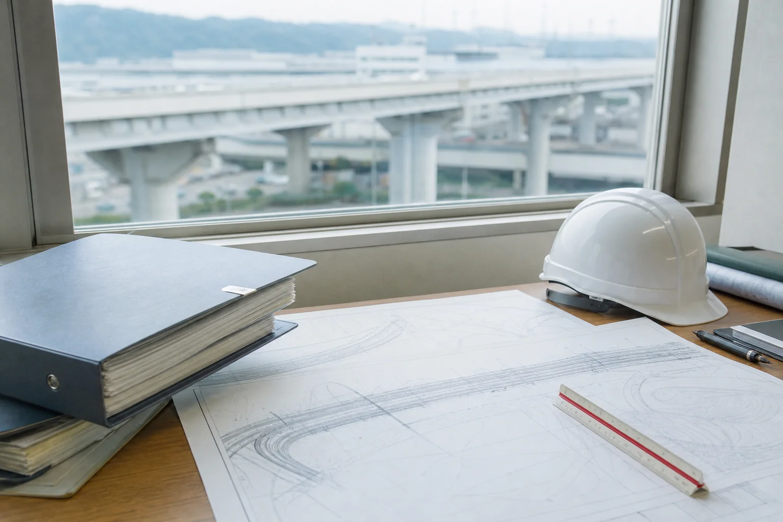 高速道路の工事事務所の机に広げた図面と仕様書のバインダー