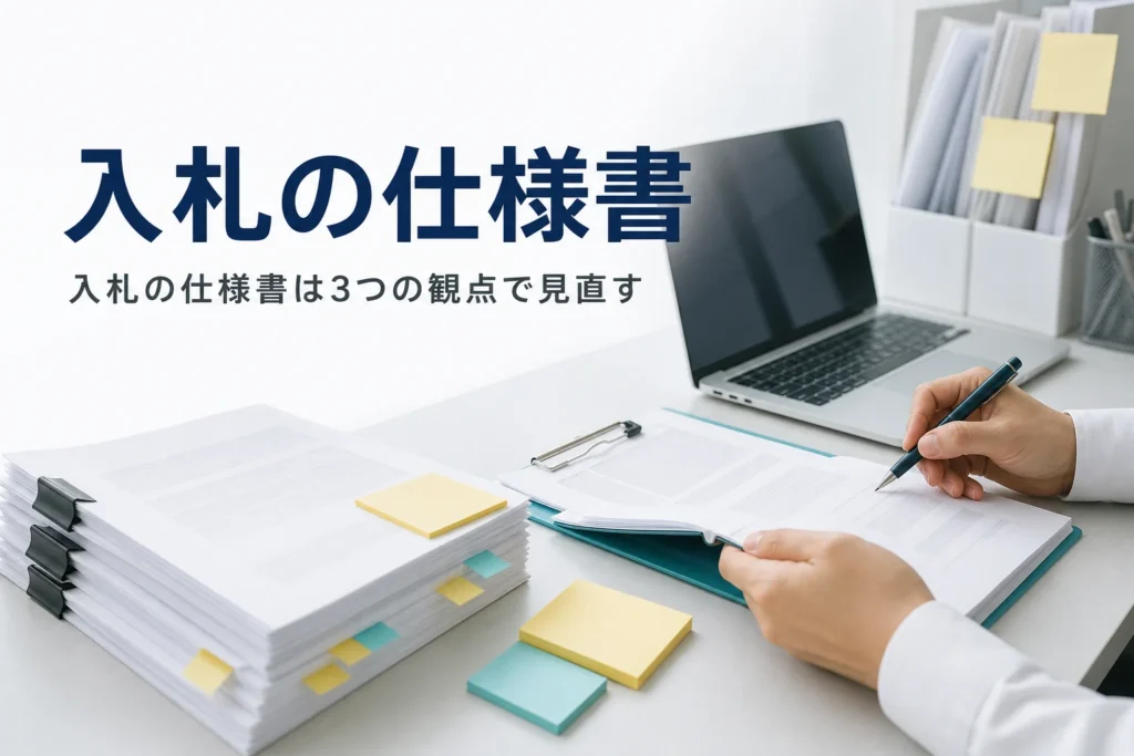 入札の仕様書の書き方を公務員・調達担当向けに紹介する記事のアイキャッチ。執務室の机の仕様書と入札書類
