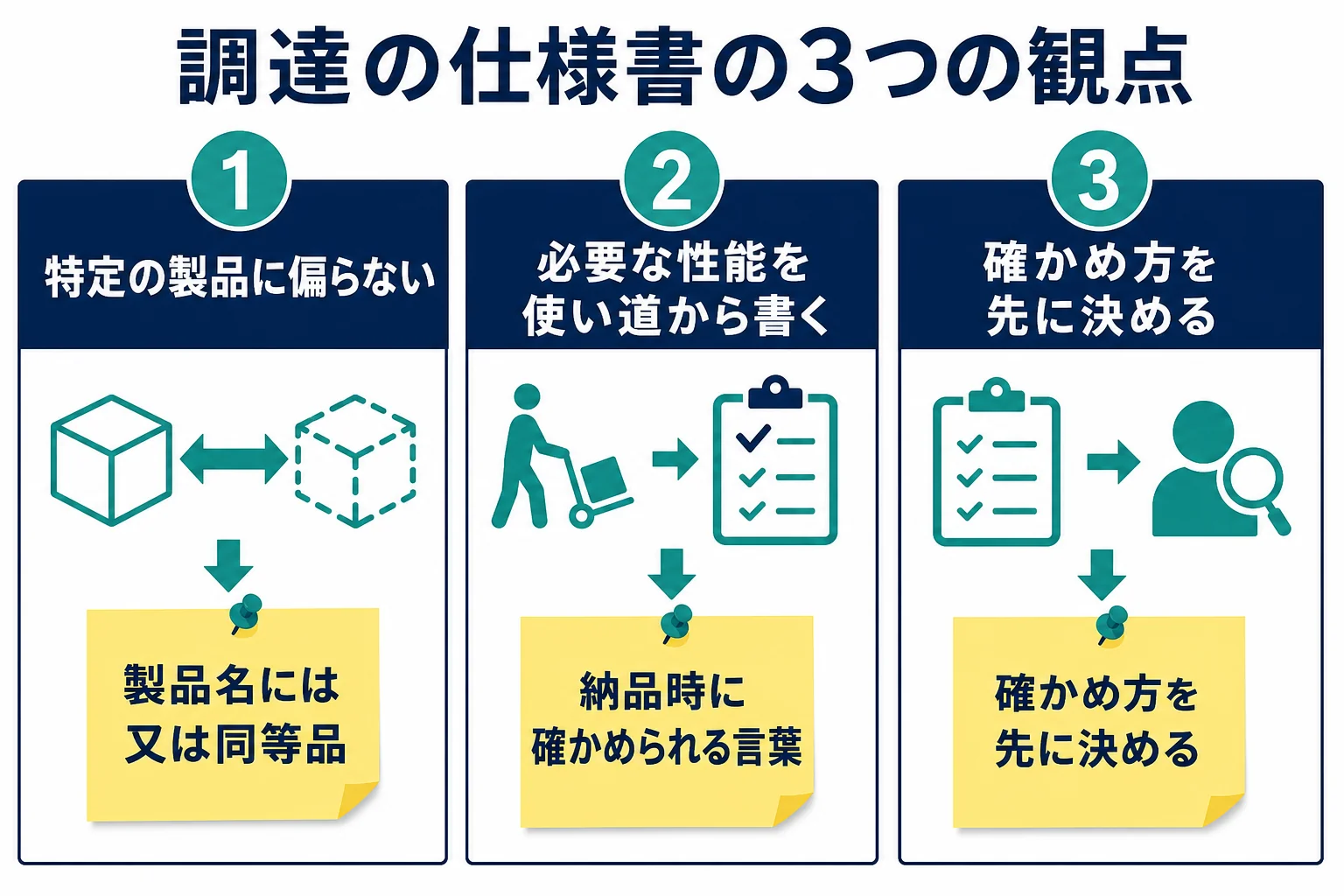 調達の仕様書で気をつけることを、特定の製品に偏らない・必要な性能を書く・検査できるの3つに分けたチェック表の図解