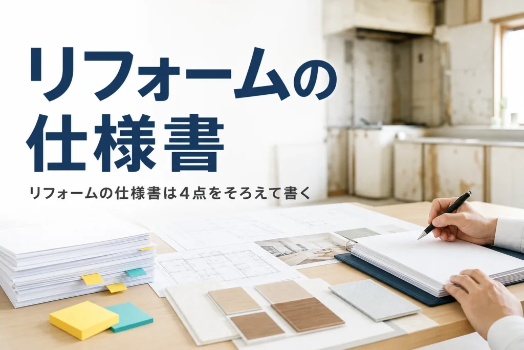 リフォームの仕様書の書き方と見積もりの比べ方を紹介する記事のアイキャッチ。打合せテーブルの仕様書と見積書
