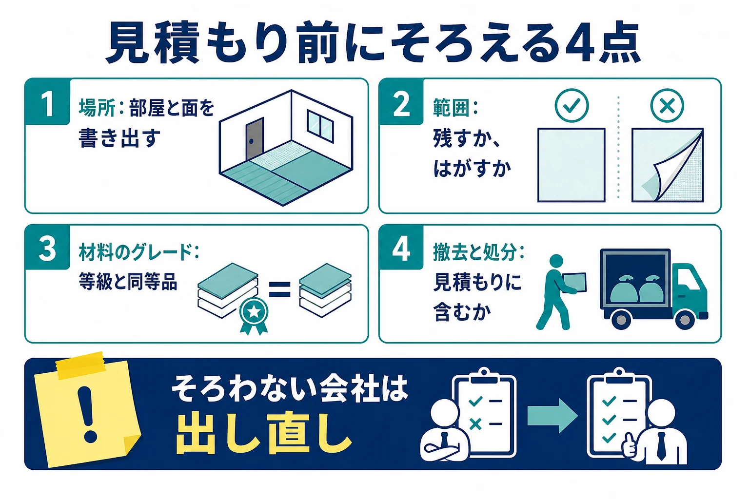 リフォームの見積もりを比べるために、場所・範囲・材料のグレード・撤去と処分の4点を仕様書でそろえるチェック表の図解