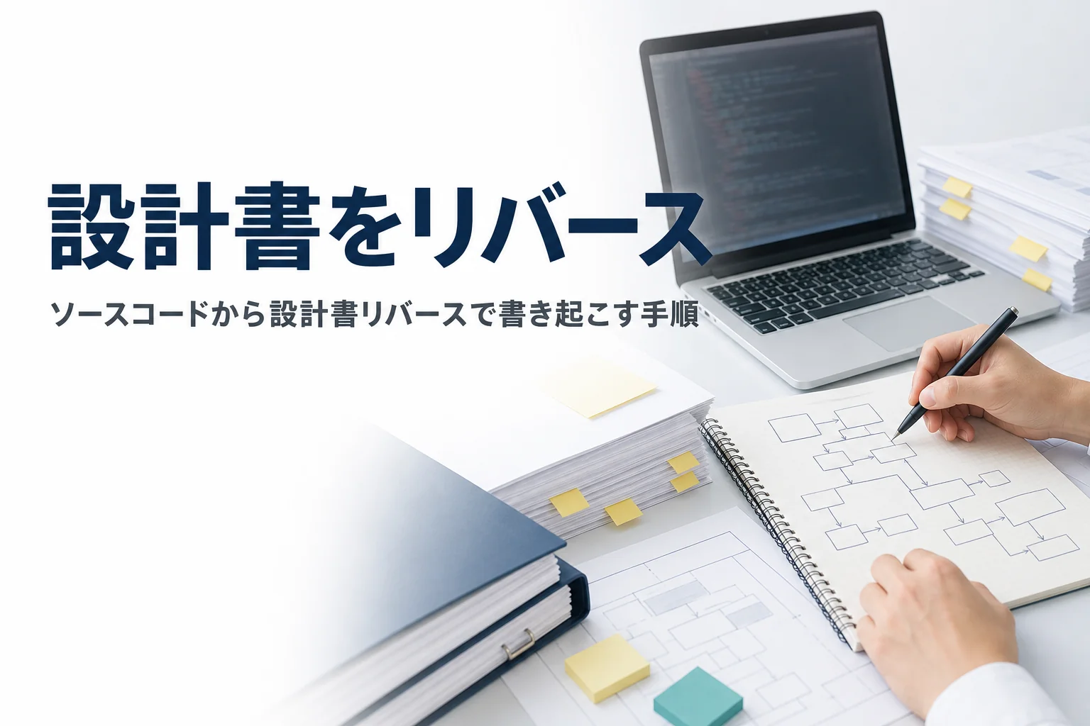 ソースコードから設計書を作るリバースの手順と注意点を解説する記事のアイキャッチ。机のノートPCと手書きの図