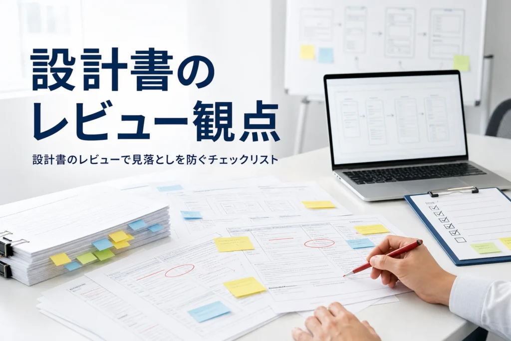 設計書や仕様書のレビュー観点とチェックリストを紹介する記事のアイキャッチ。付箋の貼られた設計書