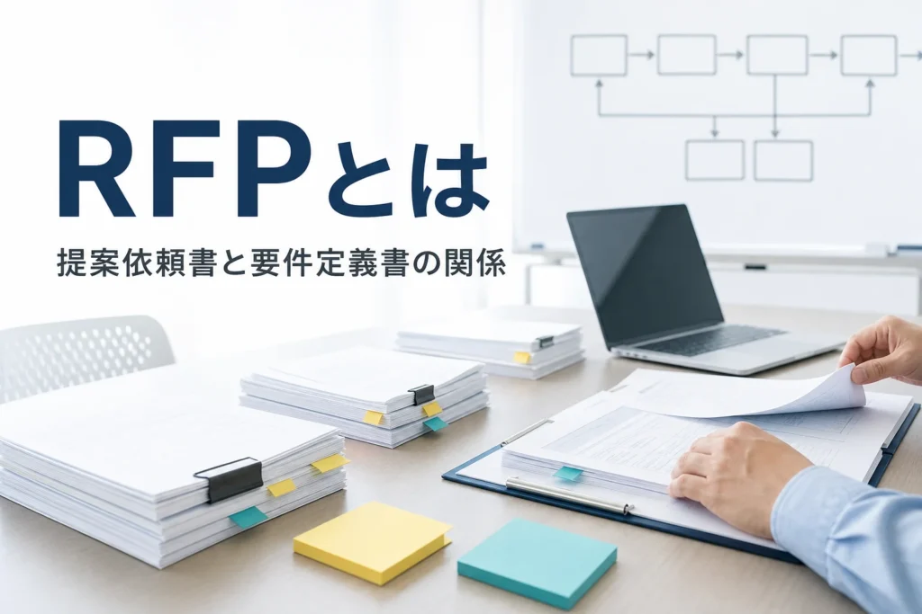 RFP（提案依頼書）とは何か、要件定義書・仕様書との関係を解説する記事のアイキャッチ。会議室の机の書類とノートPC