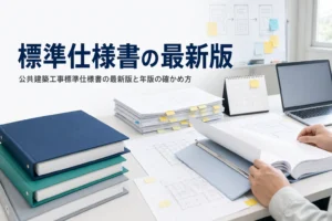 公共建築工事標準仕様書の最新版と年版の確かめ方を紹介する記事のアイキャッチ。現場事務所の机に並んだ仕様書のバインダー