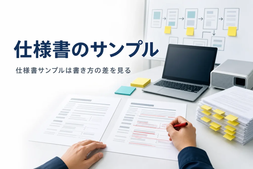 仕様書のサンプルと項目ごとの記入例を紹介する記事のアイキャッチ。2枚の書類を見比べて赤ペンで直す手元