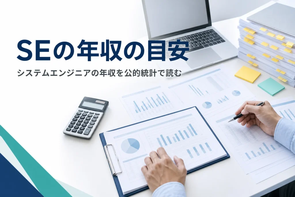 システムエンジニアの年収を公的統計で読む記事のアイキャッチ。机に統計表のプリントと電卓、ノートPCが並ぶ