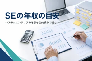 システムエンジニアの年収を公的統計で読む記事のアイキャッチ。机に統計表のプリントと電卓、ノートPCが並ぶ