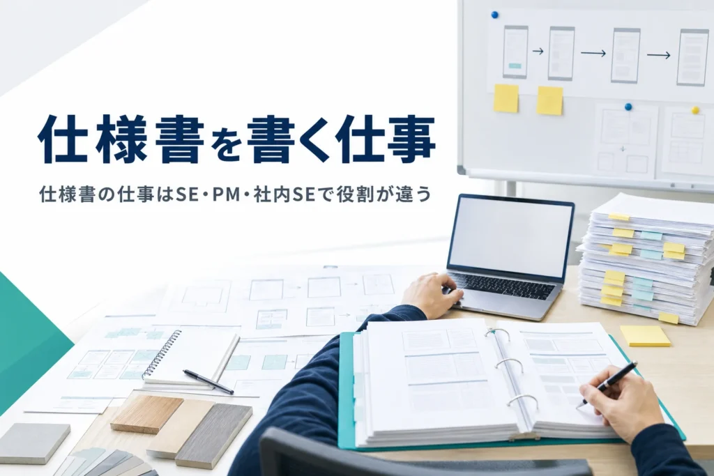 仕様書を書く仕事とSE・PM・社内SEの違いを紹介する記事のアイキャッチ。オフィスの机に仕様書とノートPCが並ぶ