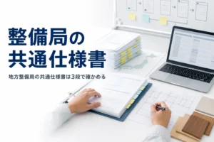 地方整備局の共通仕様書の見方と整備局ごとの違いを紹介する記事のアイキャッチ。事務所でPC画面と仕様書を見比べる手元