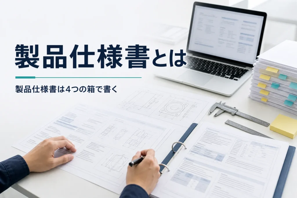 製品仕様書とは何か、書く項目と書き方を紹介する記事のアイキャッチ。机に広げた仕様書と図面