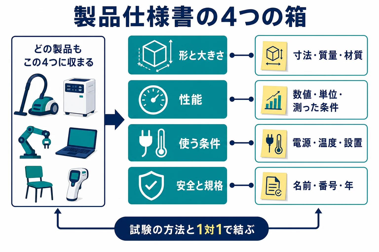 製品仕様書の項目を形と大きさ・性能・使う条件・安全と規格の4つの箱に分けた記入表の図解