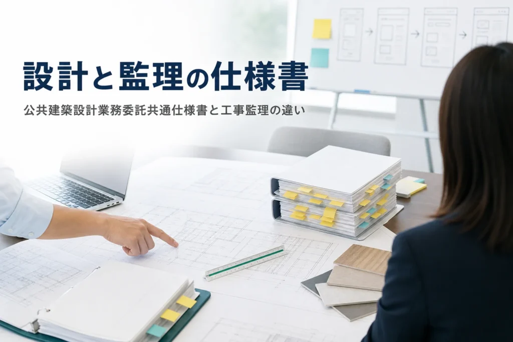 公共建築設計業務委託共通仕様書と建築工事監理業務委託共通仕様書の違いを紹介する記事のアイキャッチ。打合せテーブルの図面と仕様書