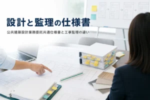 公共建築設計業務委託共通仕様書と建築工事監理業務委託共通仕様書の違いを紹介する記事のアイキャッチ。打合せテーブルの図面と仕様書