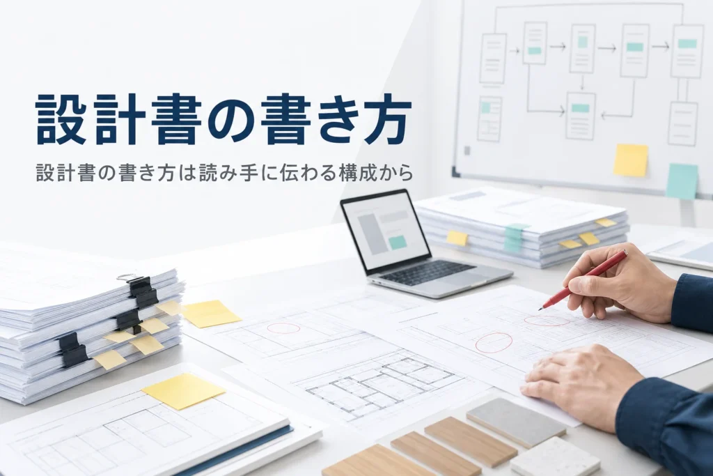 設計書の書き方と伝わる表現のコツを解説する記事のアイキャッチ。赤ペンで見直している設計書と付箋が並ぶ机