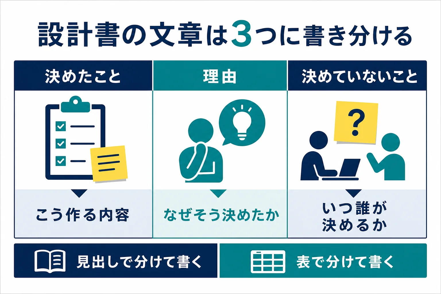 設計書の文章を決めたこと・理由・決めていないことの3つで書き分ける書き方表の図解