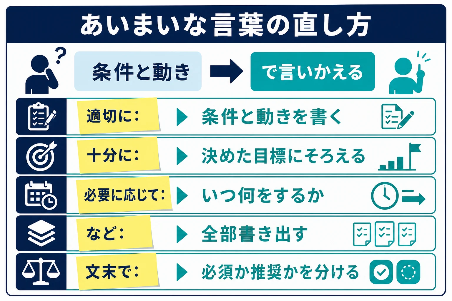 設計書のあいまいな言葉を、条件や具体的な動きに言いかえる直し方をまとめた図解