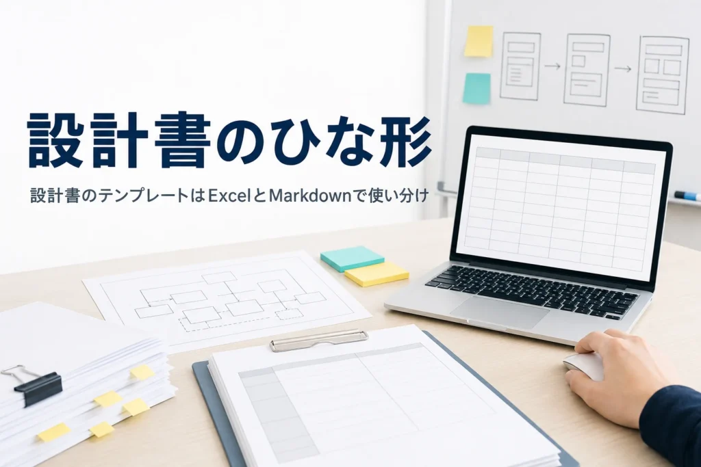 設計書のテンプレートとサンプルの使い分けを解説する記事のアイキャッチ。表の画面と構成図の紙が並ぶ机