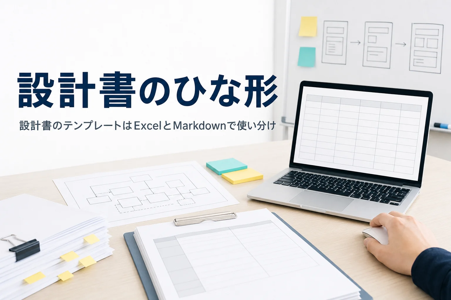 設計書のテンプレートとサンプルの使い分けを解説する記事のアイキャッチ。表の画面と構成図の紙が並ぶ机