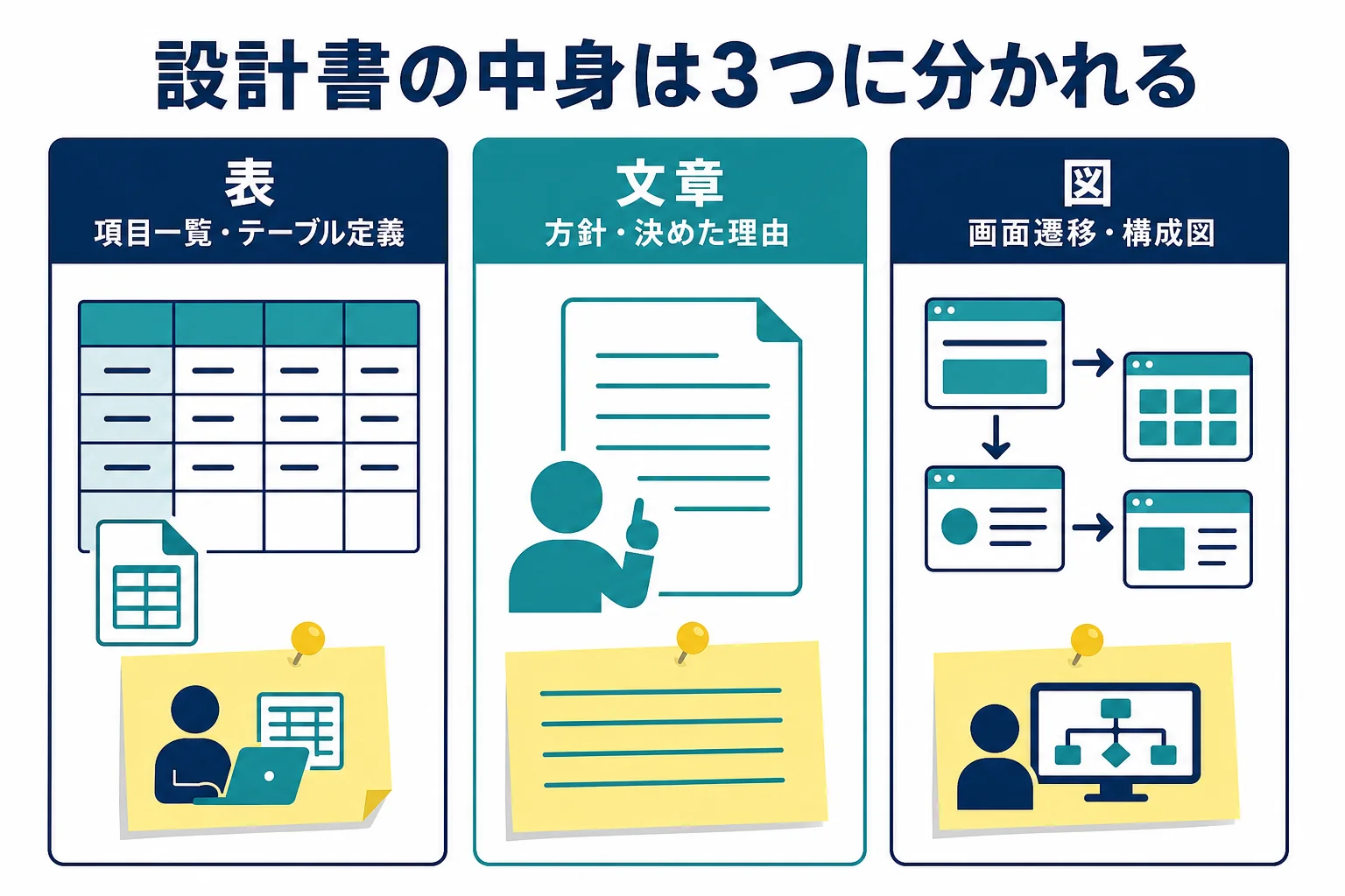 設計書のテンプレートを表で書く部分・文章で書く部分・図で描く部分の3つに分けた整理表の図解